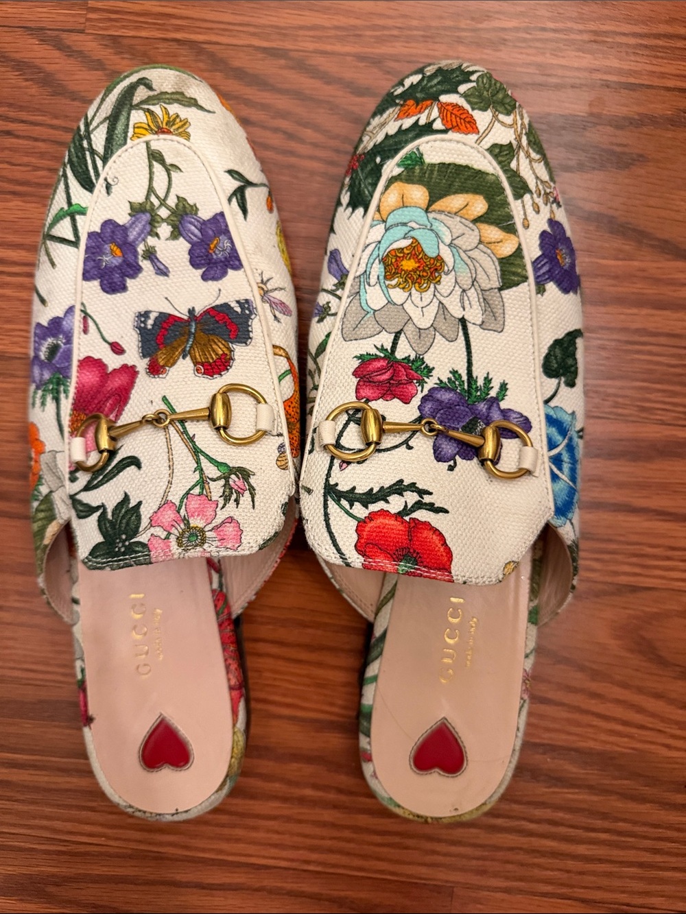 Gucci White Floral Canvas Horsebit Mules